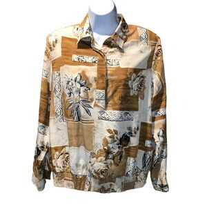 Vintage Alfred Dunner Petite Long Sleeve Button Front Blouse Brown Pattern 14